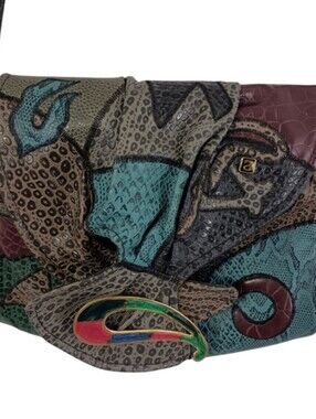 Vintage 80s NAS Women's Faux Frog Leather Patchwork Crossbody Purse Glam Classic